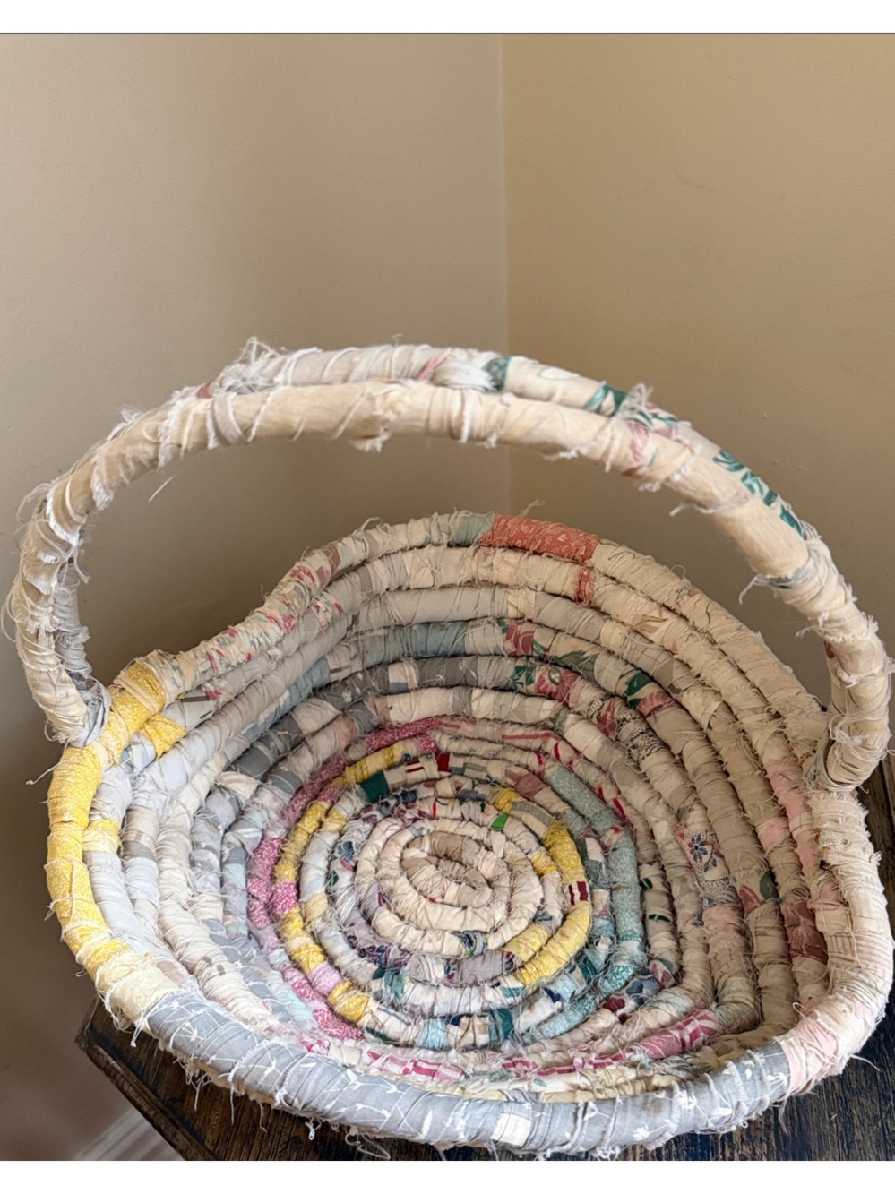 Handwoven Rag Fabric Basket with Handle - Multicolor. Vintage. Rare.